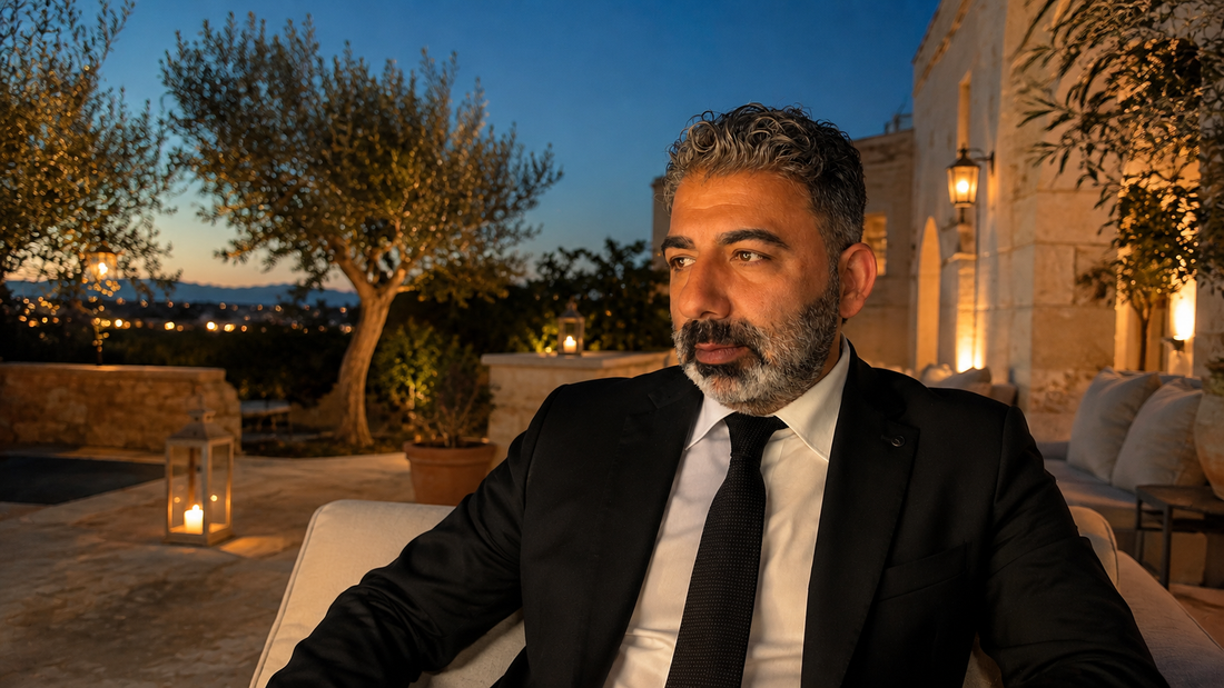 Ayhan von Green Agora auf mediterraner Terrasse mit Olivenbaum | persönliche Einordnung zu hochwertigem Olivenöl, Sensorik und Beratung