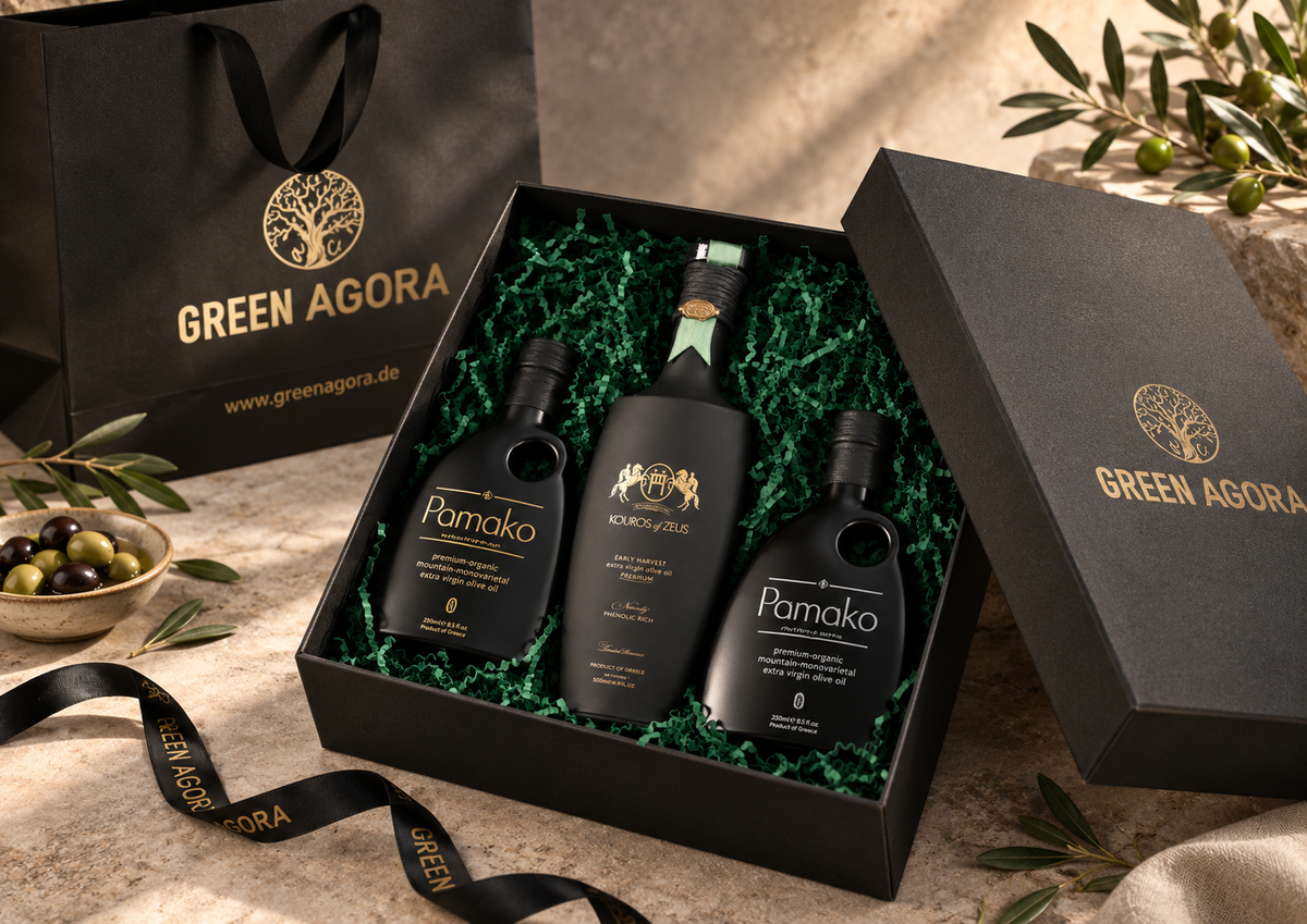 Green Agora Olivenöl Geschenkset mit mehreren Premium Olivenölen in schwarzer Geschenkbox mit goldener Firmierung und hochwertiger Präsentation.