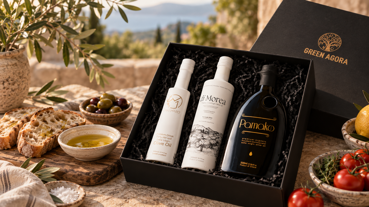 Green Agora kulinarisches Geschenk mit Marmaro, Di Morea und Pamako Premium Olivenöl in schwarzer Geschenkbox mit goldener Firmierung, Brot, Oliven und mediterraner Tischszene.