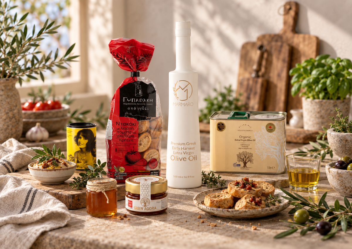 Green Agora Geschenk für Köche und Hobbyköche mit Marmaro Premium Olivenöl, Voliotis Bio Olivenöl, Dakaki, Honig und mediterranen Zutaten in einer warmen Küchenszene.