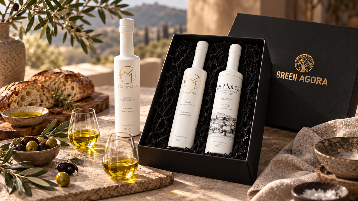 Green Agora Geschenk für Genießer mit Marmaro und Di Morea Premium Olivenöl in schwarzer Geschenkbox, Olivenöl Verkostung, Brot und mediterraner Tischszene im warmen Licht.