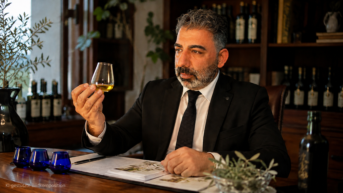 Ayhan von Green Agora bei der professionellen Olivenölverkostung mit Tastingglas und sensorischer Bewertung