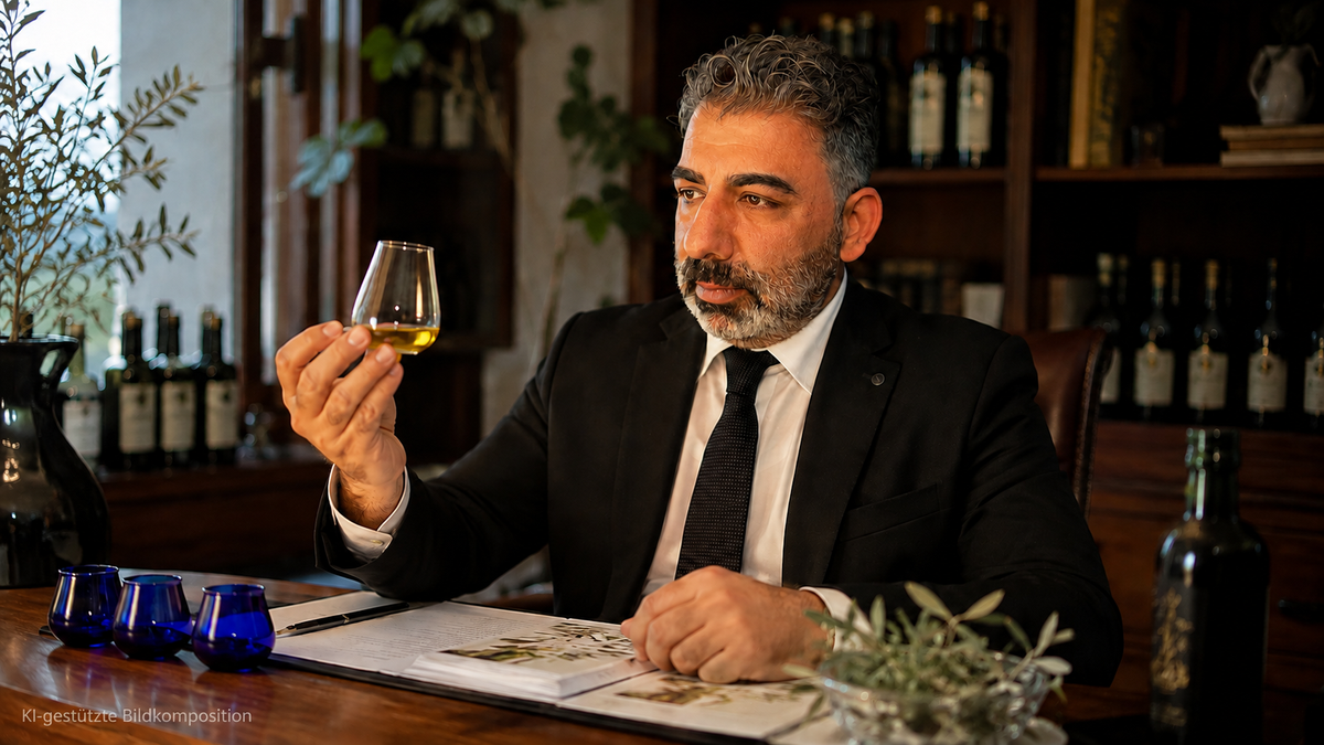 Ayhan von Green Agora bei der professionellen Olivenölverkostung mit Tastingglas und sensorischer Bewertung