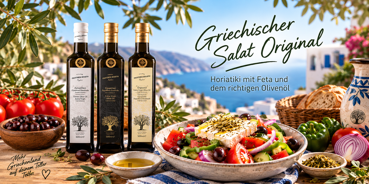 Griechischer Horiatiki Salat mit Feta, Tomaten, Gurke, roten Zwiebeln, Oliven und Oregano neben drei Voliotis Premium Olivenölen in mediterraner Green Agora Präsentation.