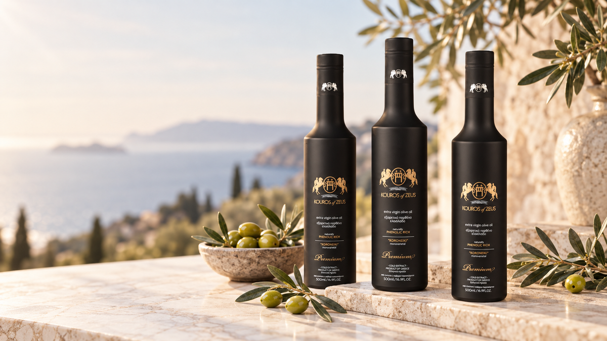 Drei Kouros of Zeus Premium Olivenöle in schwarzer Flasche vor mediterraner Kulisse mit Olivenzweigen und grünen Oliven.