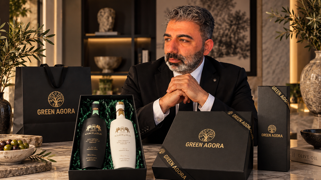 Ayhan von Green Agora präsentiert hochwertige Olivenöl Geschenkboxen mit Premium Olivenölen, schwarzer Verpackung und goldener Green Agora Veredelung