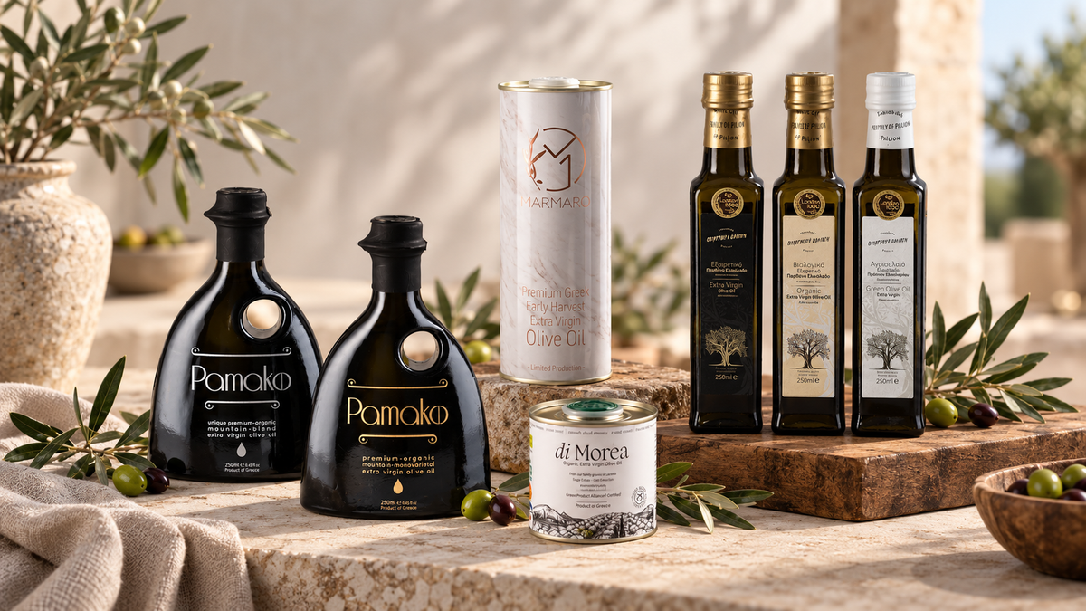 Green Agora Luxus Geschenk mit Pamako, Marmaro, Di Morea und ausgewählten Premium Olivenölen in mediterraner Präsentation mit Olivenzweigen, Naturstein und warmem Sonnenlicht.