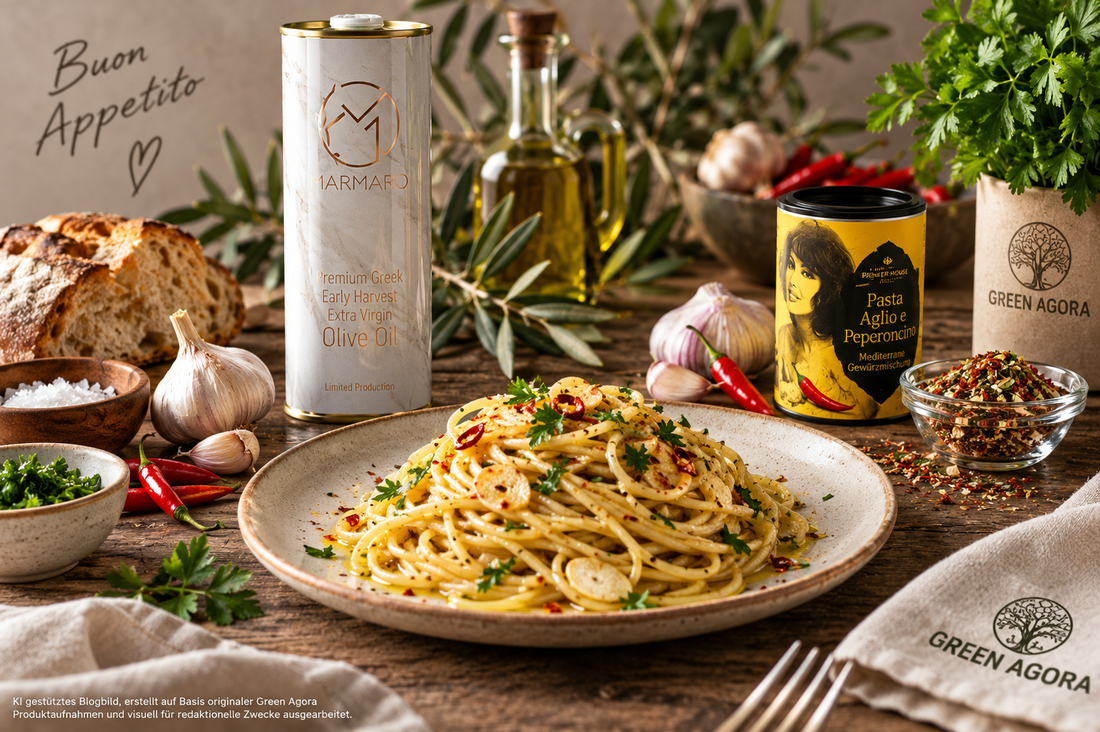 paghetti Aglio e Olio mit Marmaro Premium Olivenöl, gelber Aglio e Peperoncino Gewürzmischung, Knoblauch, Chili, Petersilie und mediterranen Zutaten auf rustikal gedecktem Tisch.