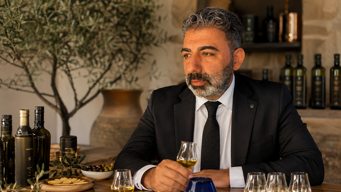 Ayhan von Green Agora bei einer Olivenölverkostung mit Tastinggläsern, Olivenbaum und Premium Olivenölen