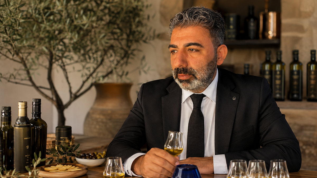 Ayhan von Green Agora bei einer Olivenölverkostung mit Tastinggläsern, Olivenbaum und Premium Olivenölen