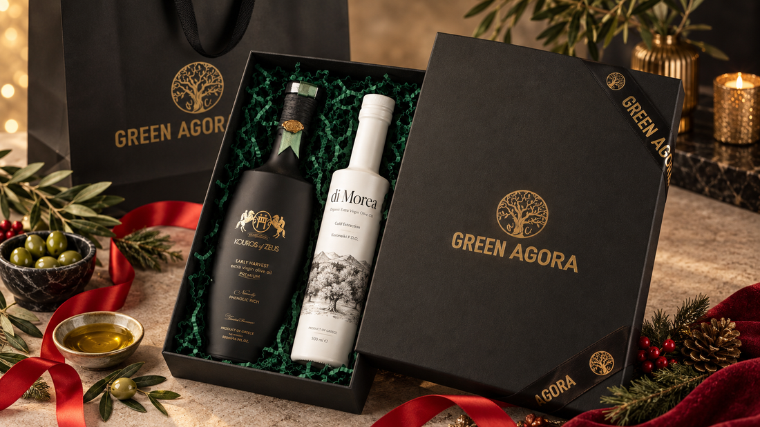 Green Agora Geschenkbox mit Premium Olivenöl in schwarzer Geschenkverpackung mit goldener Firmierung und hochwertiger Präsentation
