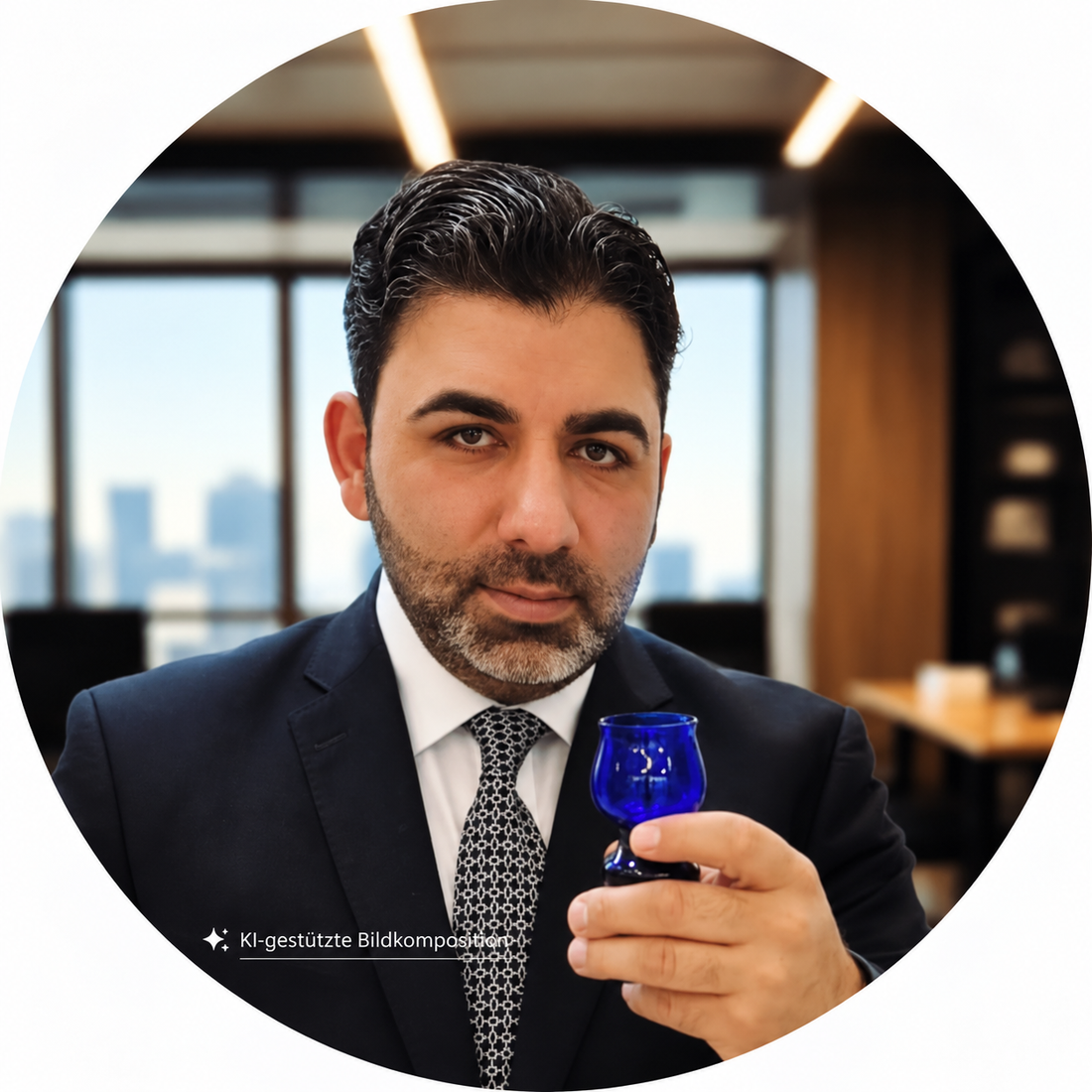 Ayhan von Green Agora bei einer Olivenölverkostung mit blauem Tastingglas