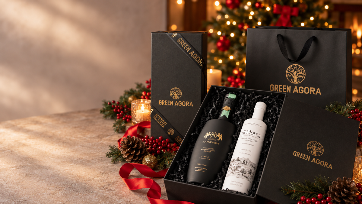 Green Agora Feinkost Geschenkbox mit Premium Olivenölen in schwarzer Geschenkverpackung mit goldener Firmierung und festlicher Präsentation.