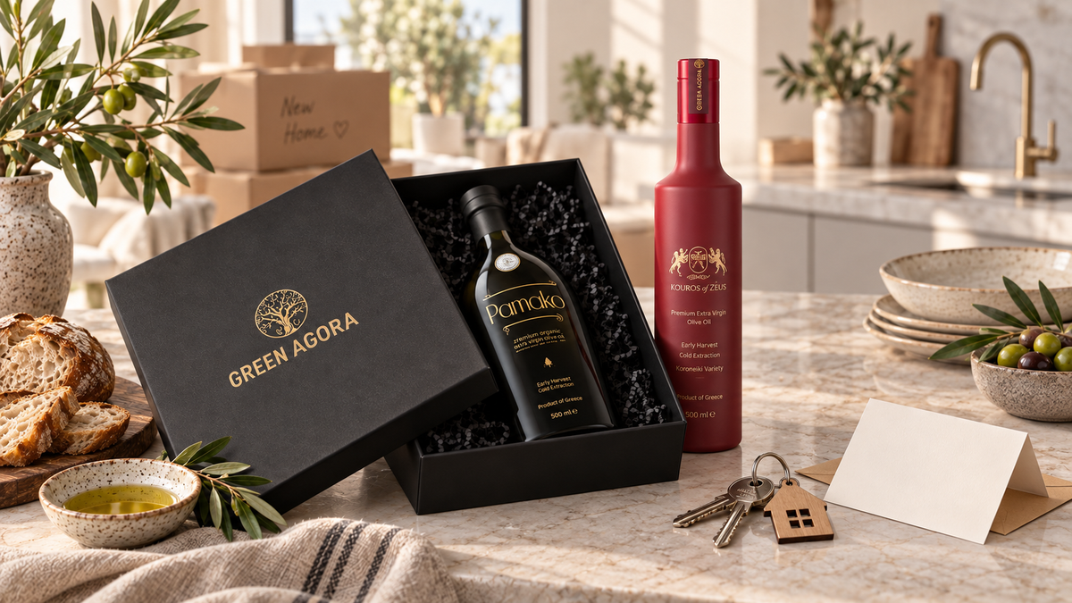 Green Agora Geschenk zum Einzug mit Premium Olivenöl in schwarzer Geschenkbox mit goldener Firmierung, Schlüsselbund, Olivenzweigen und moderner mediterraner Küche.