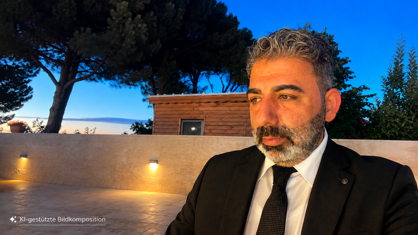 Ayhan von Green Agora im Anzug vor mediterraner Abendkulisse | persönliche Geschichte hinter Green Agora