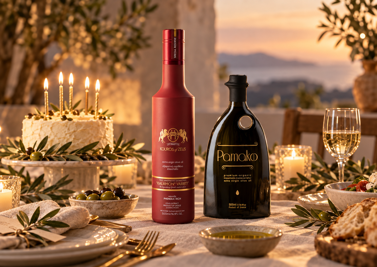Green Agora Gastgeber Geschenk mit rotem Kouros of Zeus Premium Olivenöl und Pamako Olivenöl auf einem elegant gedeckten mediterranen Tisch mit Olivenzweigen und warmem Licht.