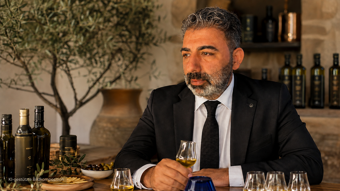 Ayhan von Green Agora bei einer Olivenölverkostung mit Tastinggläsern, Olivenbaum und Premium Olivenölen