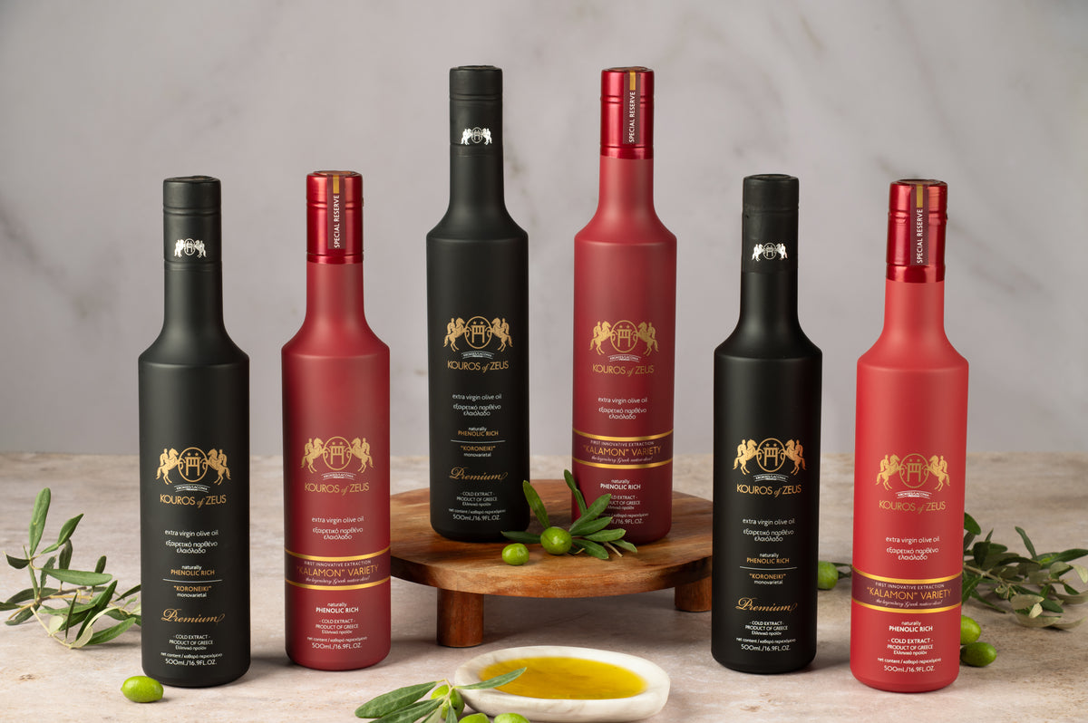 Kouros of Zeus Olivenöl Set 6×500 ml – Kalamon Rot & Koroneiki Schwarz