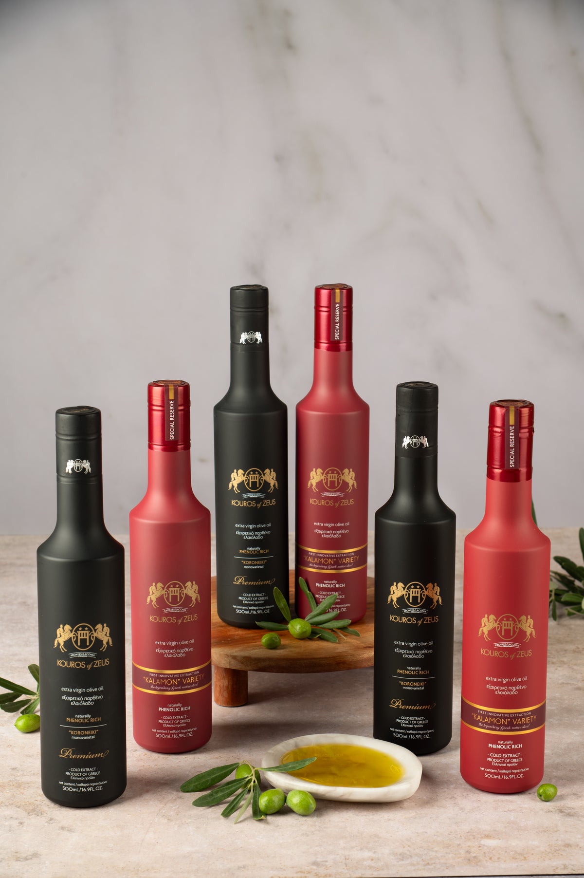 Kouros of Zeus Olivenöl Set 6×500 ml – Kalamon Rot & Koroneiki Schwarz
