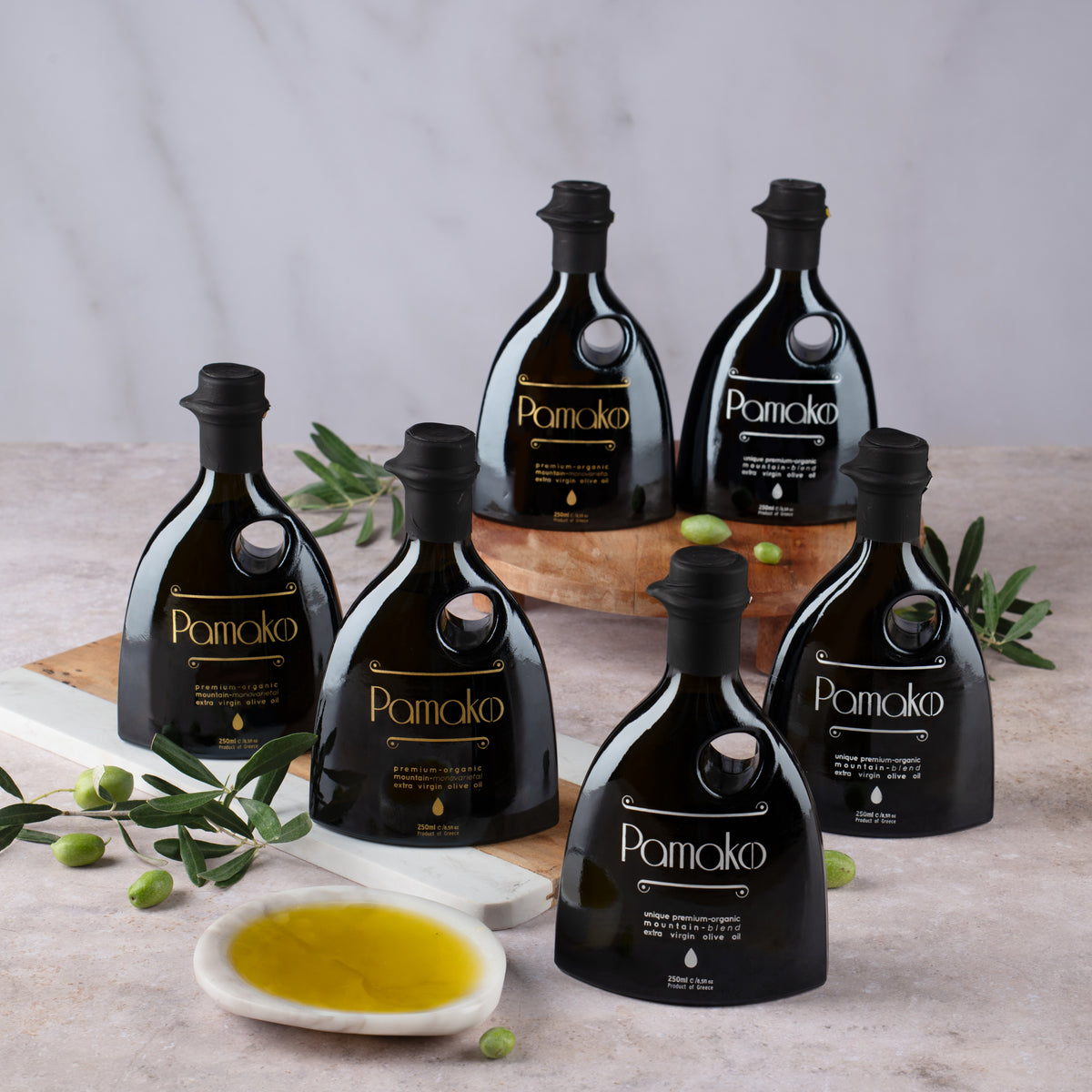 Pamako Bio Olivenöl Set 6×250 ml | 3× Gold Monovarietal & 3× Silver Blend