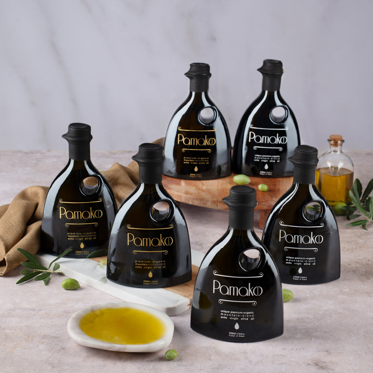 Pamako Bio Olivenöl Set 6×250 ml | 3× Gold Monovarietal & 3× Silver Blend