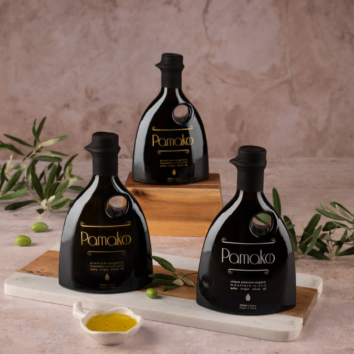 Pamako Bio Olivenöl Set 3×250 ml | 2× Gold Monovarietal & 1× Silver Blend