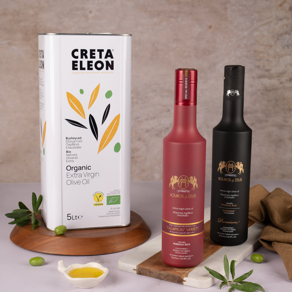 Creta Eleon Bio & Kouros of Zeus Olivenöl Set 6 Liter | 5L Kanister | Rot & Schwarz 500 ml