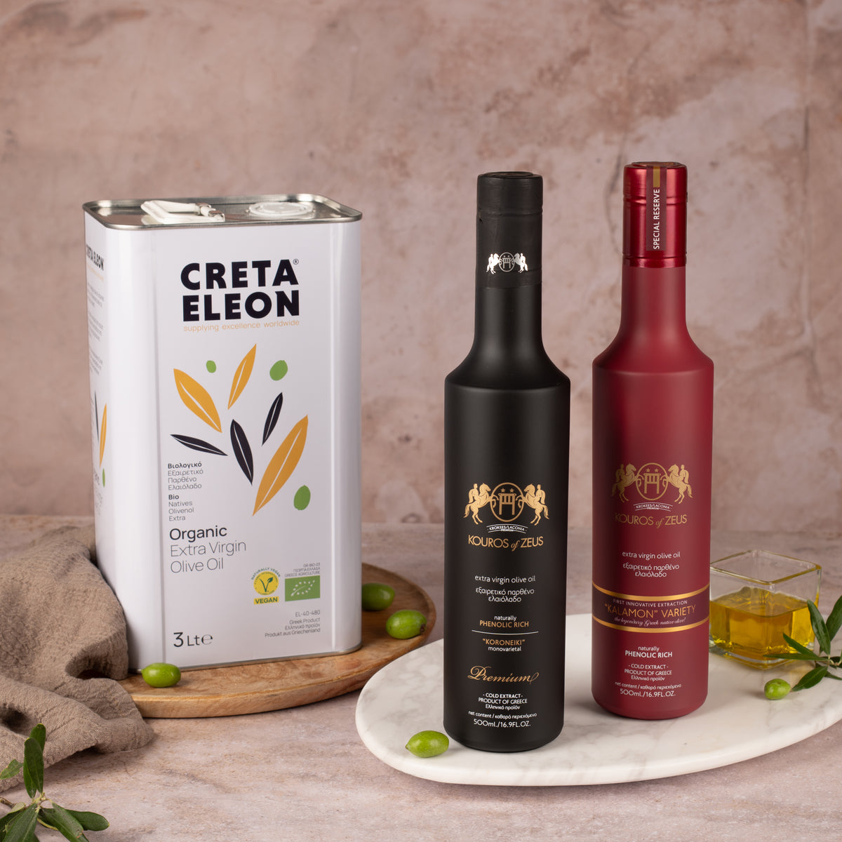 Creta Eleon Bio & Kouros of Zeus Olivenöl Set 4 Liter | 3L Kanister | Rot & Schwarz 500 ml