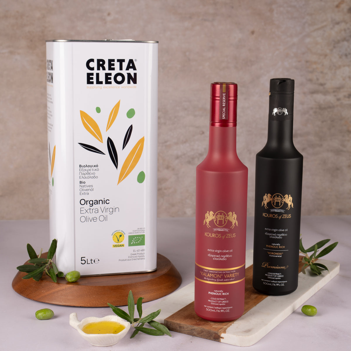 Creta Eleon Bio & Kouros of Zeus Olivenöl Set 6 Liter | 5L Kanister | Rot & Schwarz 500 ml