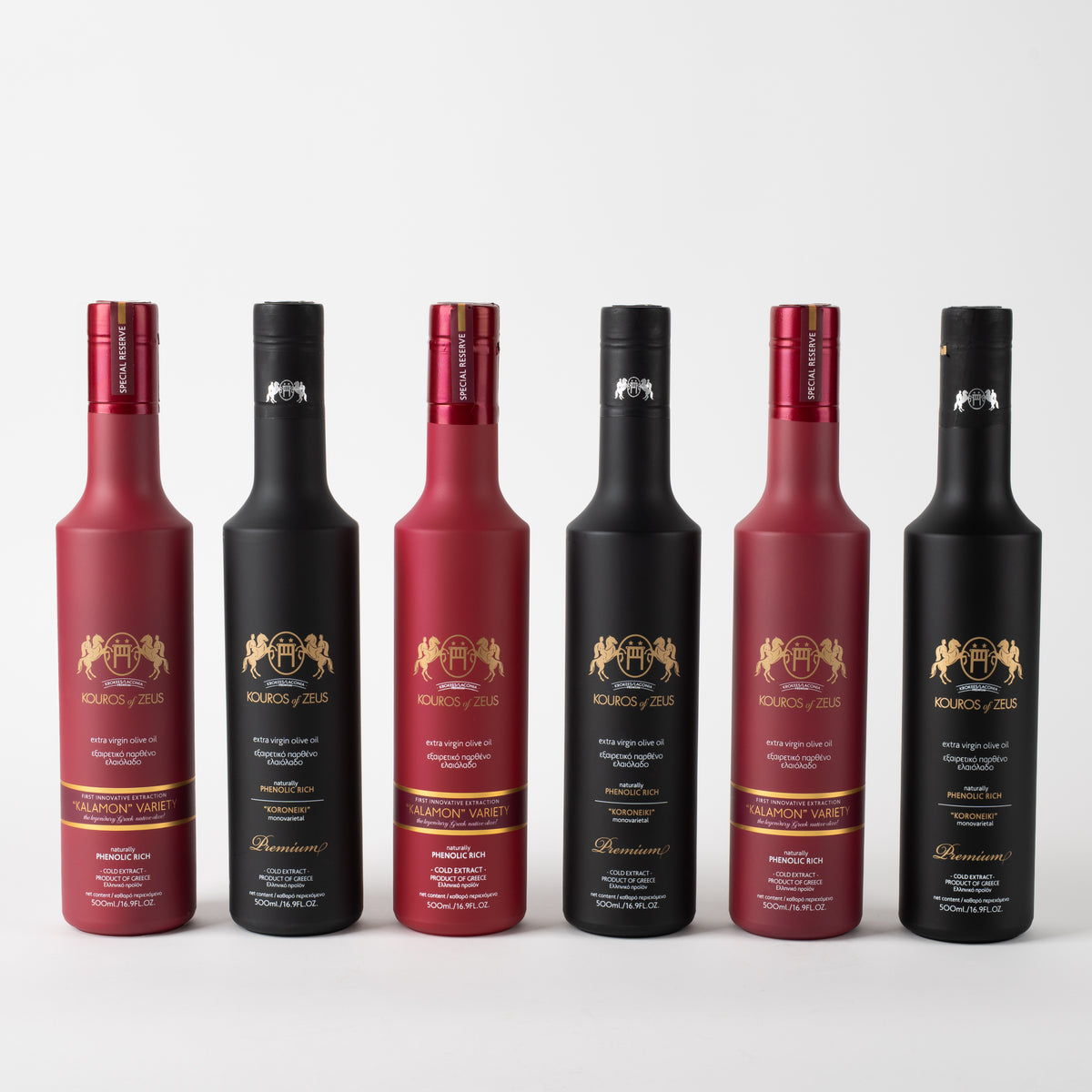 Kouros of Zeus Olivenöl Set 6×500 ml – Kalamon Rot & Koroneiki Schwarz