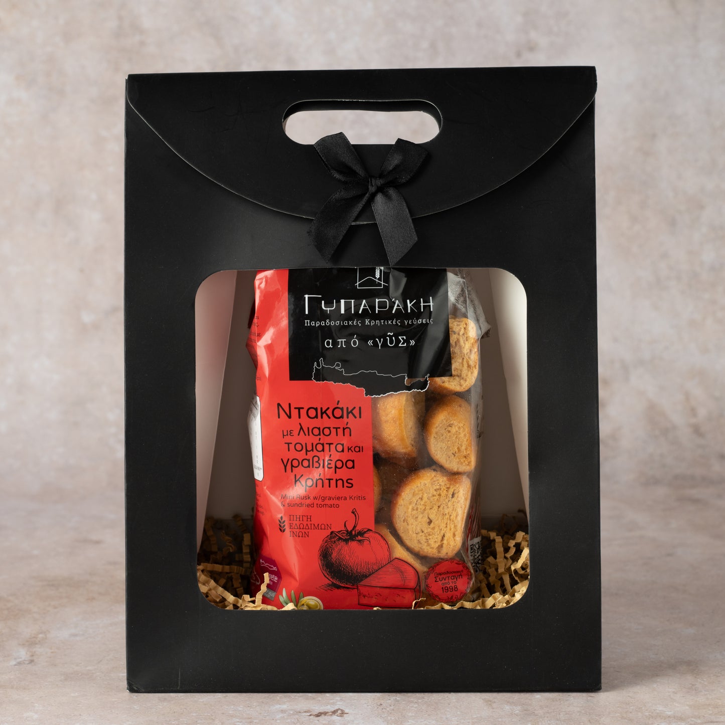 Dakaki Kretisches Brot mit Graviera, getr. Tomaten und Olivenöl 250gr. in Geschenktüte