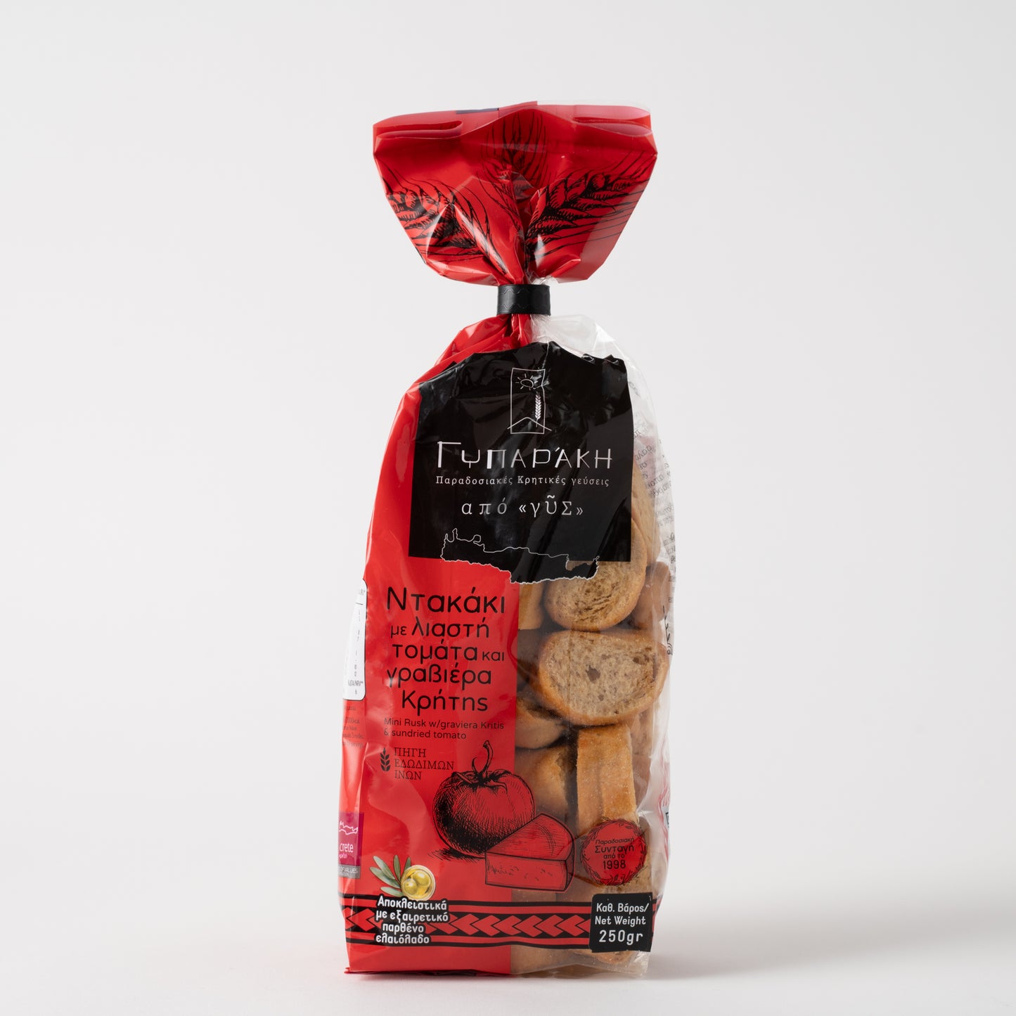 Dakaki Kretisches Brot mit Graviera, getr. Tomaten und Olivenöl 250gr. in Geschenktüte