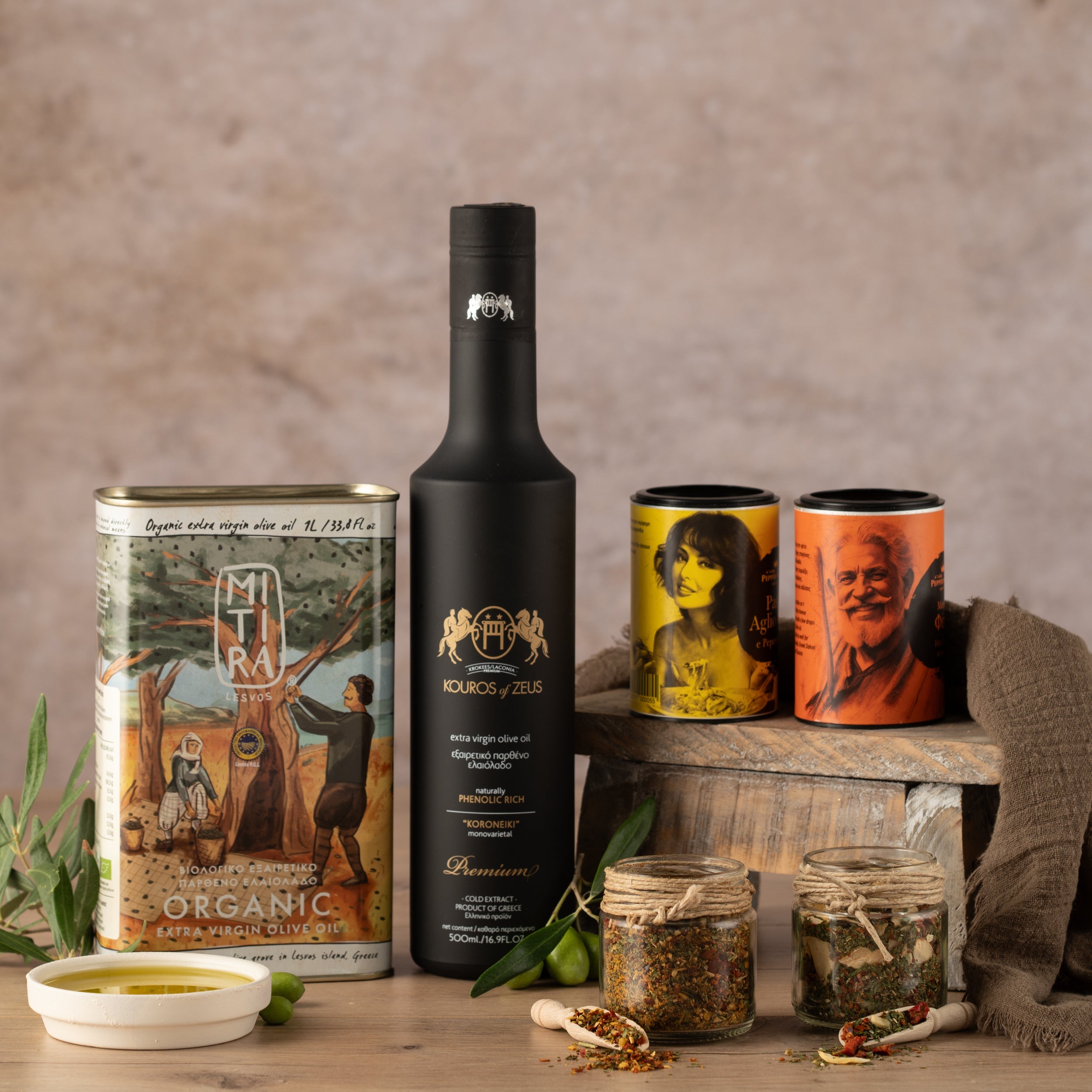 Olivenöl Geschenkbox | Gourmet Set mit Gewürzen | 4-teilig